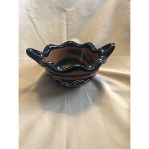 Tonala Hand-painted, Mexico Ceramic Decorative Bowl Brown/blue Glazed W Handles